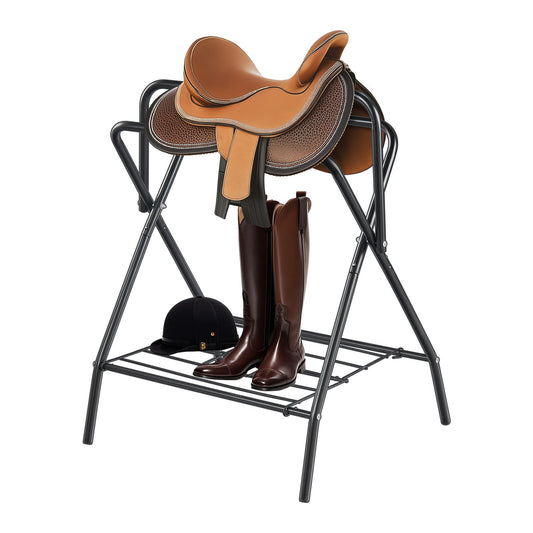 Folding Saddle Rack Freestanding Horse Saddle Stand – Holds 132 lbs, Carbon Steel, Quick-Release Setup, Portable & Space-Saving for Stable, Garage & Barn, 1 or 2 Pack