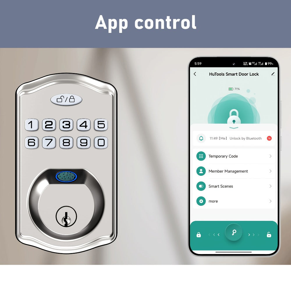 Heavy Duty Smart Deadbolt with Biometric Fingerprint & Keypad - App Control, Auto-Lock, Keyless Entry for Front Door, Office & Apartment, Zinc Alloy, Optional Handle Set Included