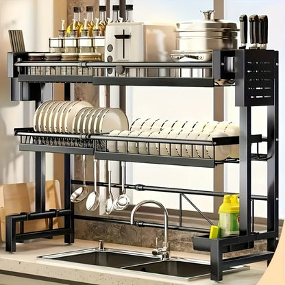 Expandable Over-Sink Dish Drying Rack with Single- or Double-Layer Black Frame and Adjustable Width