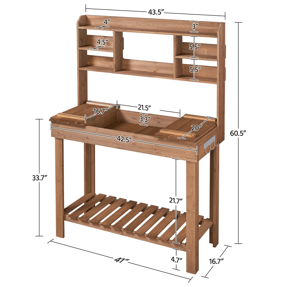Potting Bench Table Fir Wood Iron Frame Switchable Top Integrated Sink 3-Tier Display Rack Storage Shelf Hanger Waist-High Garden Workstation Outdoor Brown