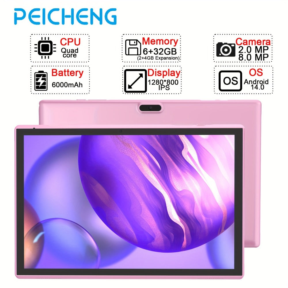 FHD Tablet 10 Inch Android 14 Wi-Fi 6, 6GB RAM 32GB ROM 6000mAh Long Battery, RK3326S Quad-Core Full HD IPS Touchscreen, 2MP+8MP Dual Camera Type-C G-Sensor, Long Battery Life Tablet for Work Entertainment Travel – Pink Grey
