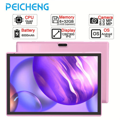 FHD Tablet 10 Inch Android 14 Wi-Fi 6, 6GB RAM 32GB ROM 6000mAh Long Battery, RK3326S Quad-Core Full HD IPS Touchscreen, 2MP+8MP Dual Camera Type-C G-Sensor, Long Battery Life Tablet for Work Entertainment Travel – Pink Grey