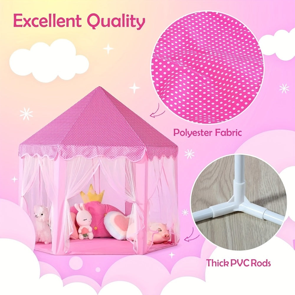 Pink Hexagonal Princess Play Tent with Sheer Mesh Door, Flower Print, 48-Inch Base and 52-Inch Height
