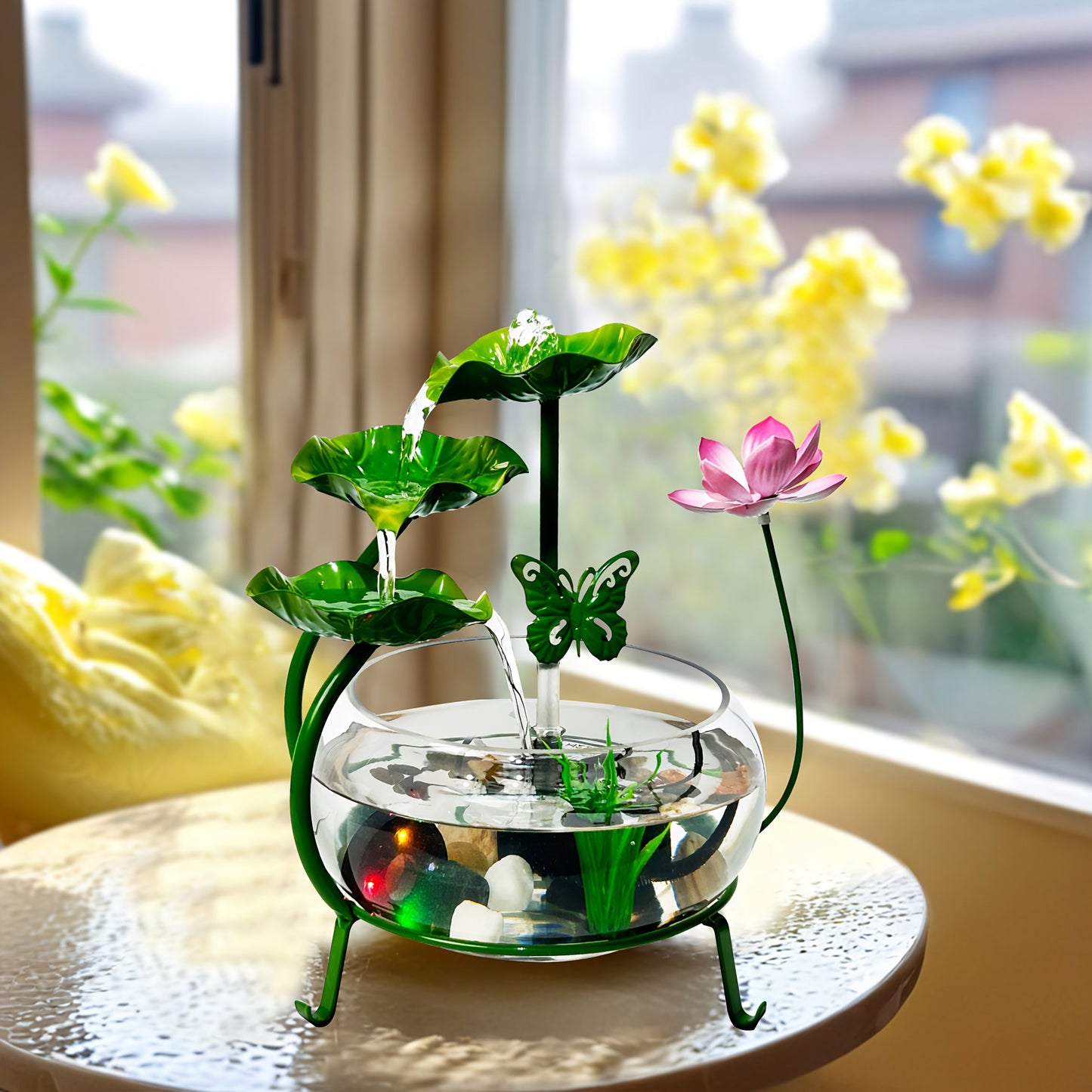 USB Desktop Water Fountain with Zen Waterfall Design, Natural Rocks and Green Finish for Home or Office