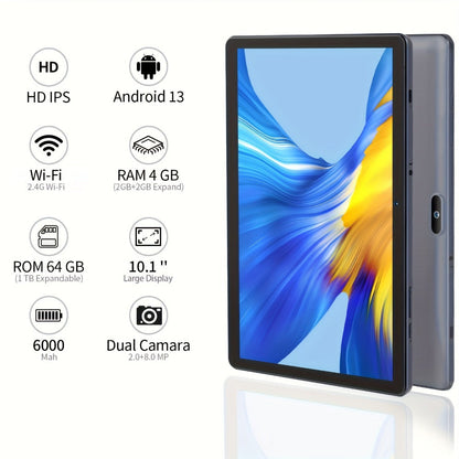 10.1 Inch Android 13 Tablet, 4GB RAM 64GB ROM 1TB Expandable, 6000mAh Battery, Quad-Core HD IPS Display, Dual Cameras, WiFi – Pritom 2025 Model, Silver Grey