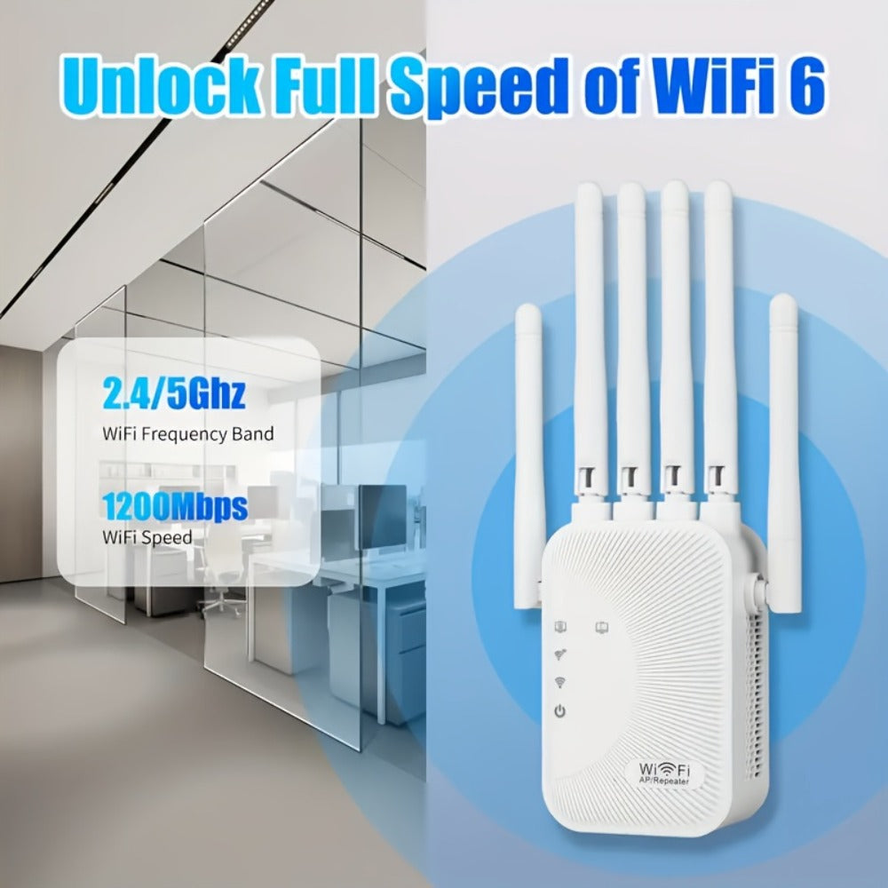 WiFi Range Extender 1800Mbps WiFi 6 Dual-Band 2.4/5GHz with Six Antennas, Ethernet Port and White Wall-Plug Design