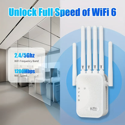 WiFi Range Extender 1800Mbps WiFi 6 Dual-Band 2.4/5GHz with Six Antennas, Ethernet Port and White Wall-Plug Design