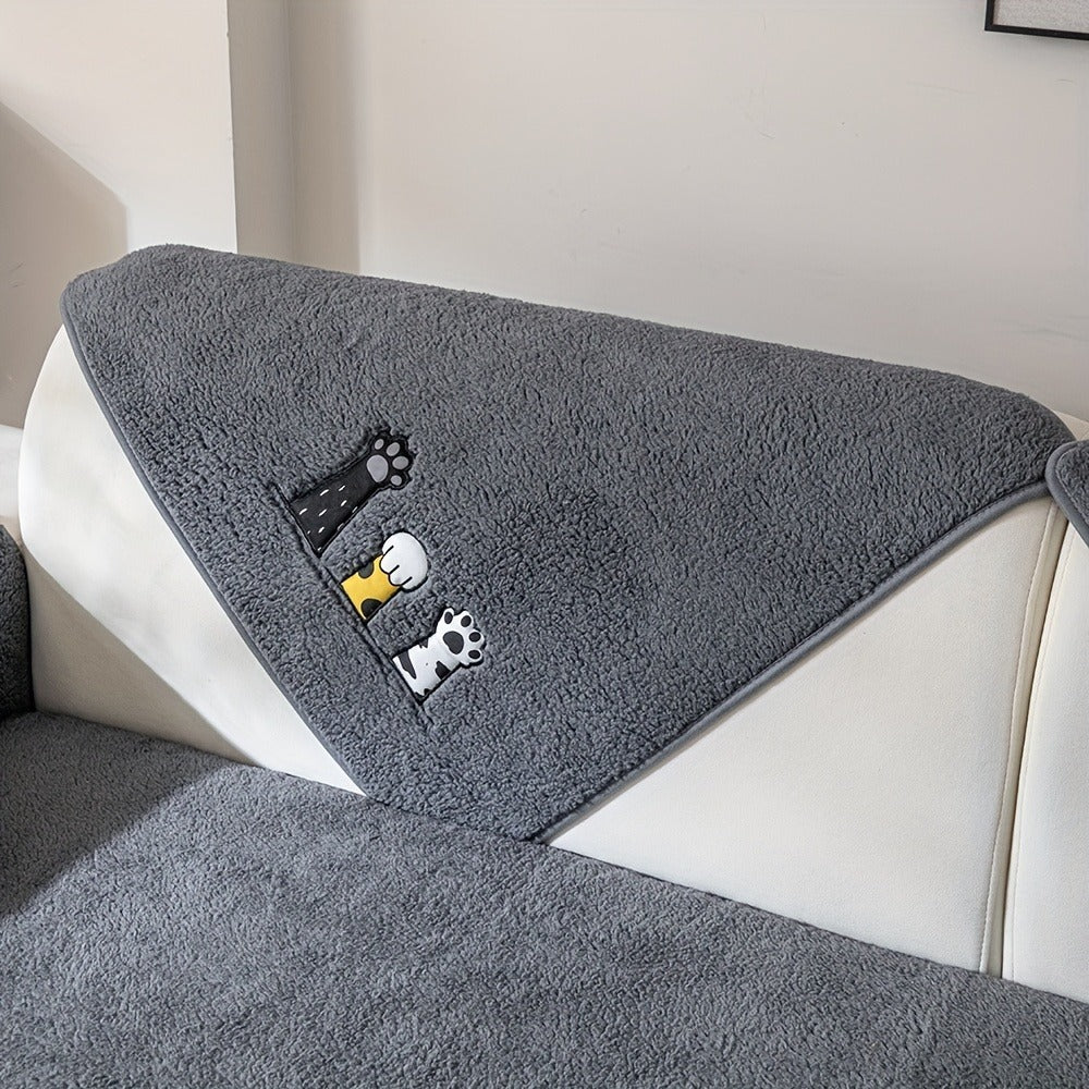 Sofa Cover, Sherpa Plush Cat-Paw Embroidered Seat Pad with Non-Slip Backing in Four Colors and Seven Sizes