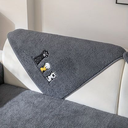 Sofa Cover, Sherpa Plush Cat-Paw Embroidered Seat Pad with Non-Slip Backing in Four Colors and Seven Sizes