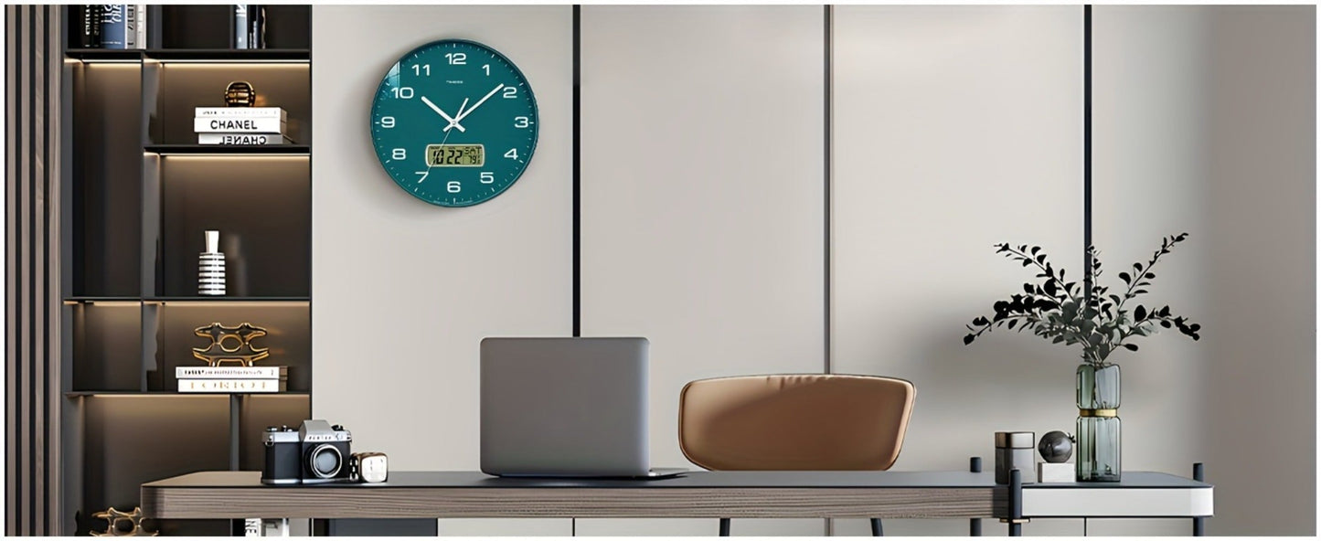 Round Analog Wall Clock with LCD Calendar and Temperature Window, Four Colors and 10- or 12-Inch Sizes
