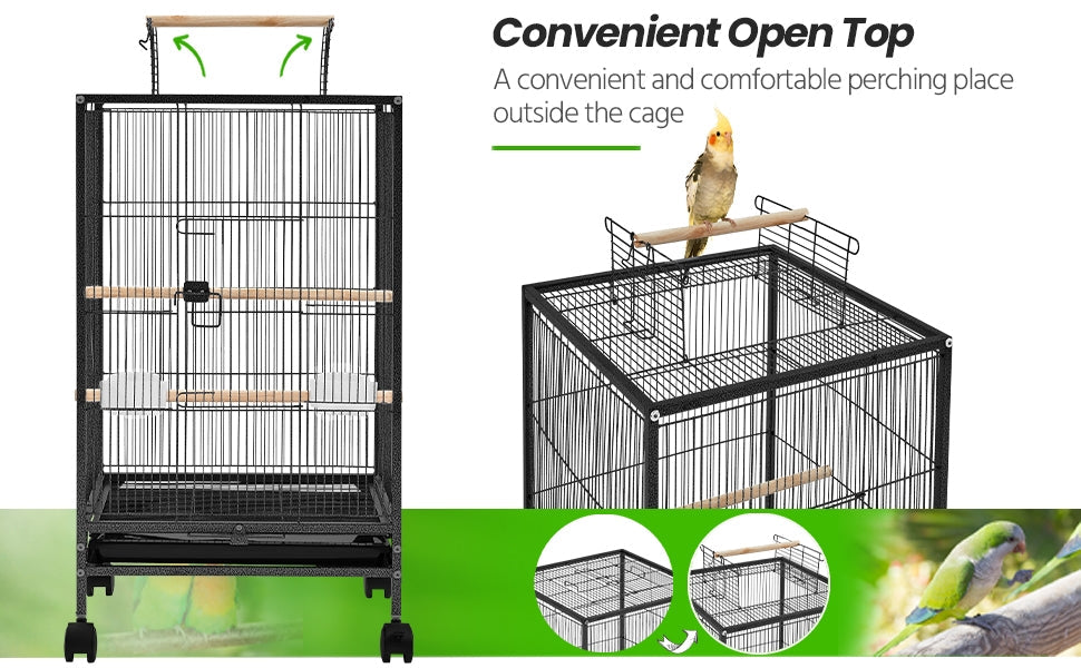 Bird Cage with Rolling Stand Open Top 31 Inch Wrought Iron Black - Slide Out Tray Feeder Doors 2 Feeders 3 Perches for Budgies Parakeets Cockatiels Canaries Finches Small Bird Home Cage