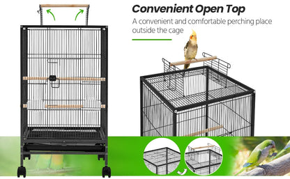 Bird Cage with Rolling Stand Open Top 31 Inch Wrought Iron Black - Slide Out Tray Feeder Doors 2 Feeders 3 Perches for Budgies Parakeets Cockatiels Canaries Finches Small Bird Home Cage