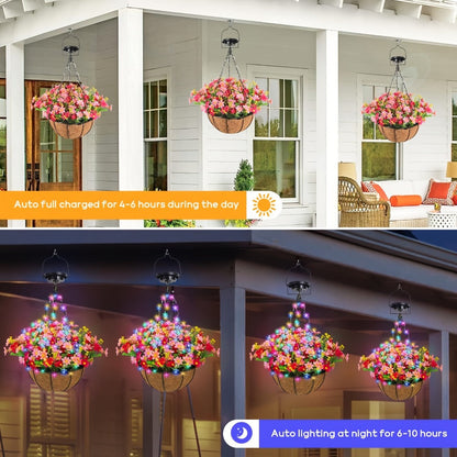 Solar Hanging Flower Basket with RGB String Lights, 10 Inch Artificial Flowers, Dusk-to-Dawn Auto On