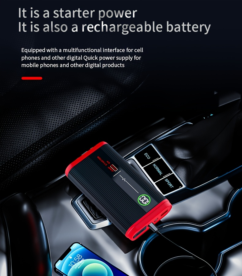 Lithium Jump Starter 3000A 8000mAh 12V Battery Pack USB-C Recharge Round LED Display for 6.0L Diesel 8.0L Gas Engines Compact Portable Emergency Booster