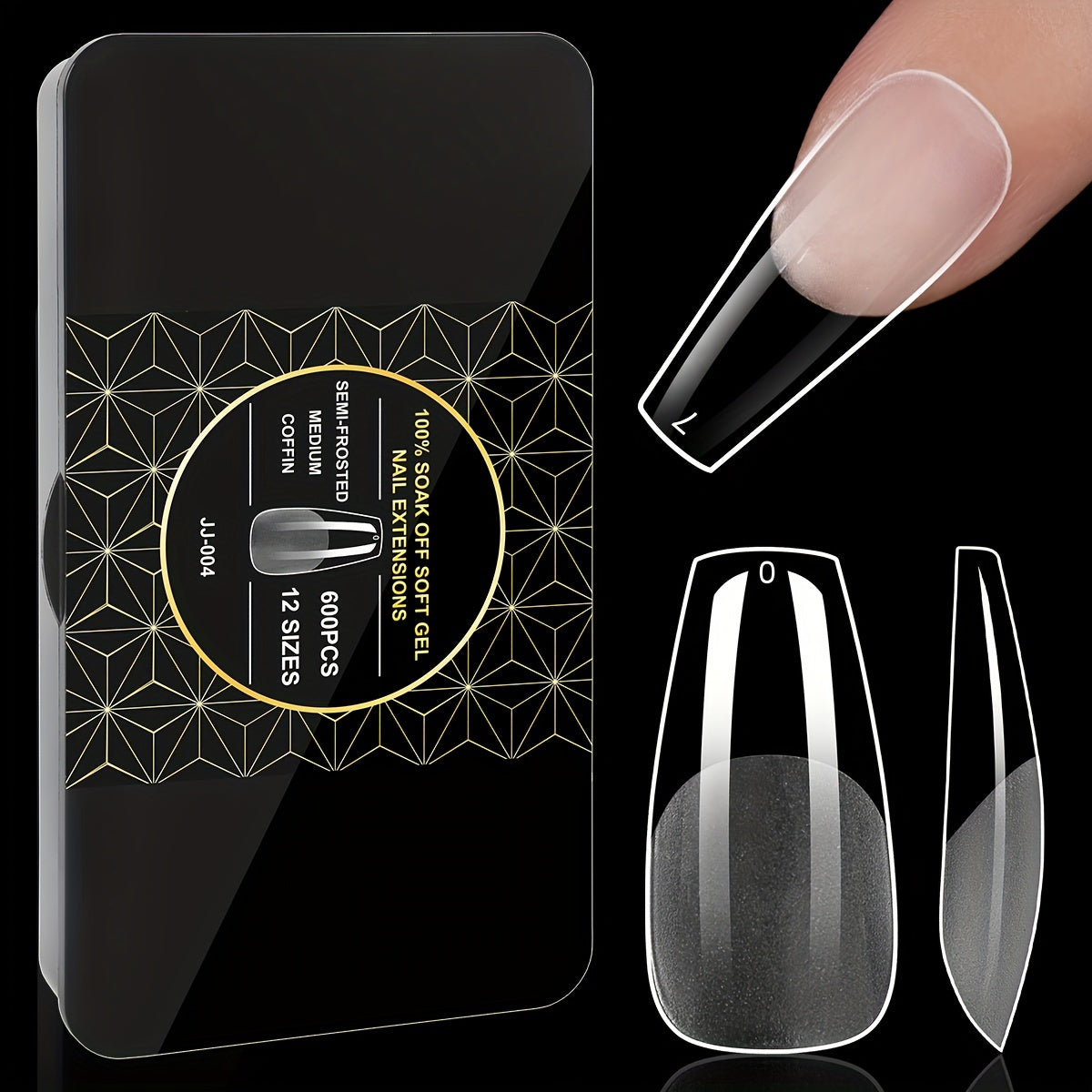 Clear Full-Cover Nail Tips, 600-Piece Set in Nine Almond, Oval, Stiletto, Coffin and Square Length Options