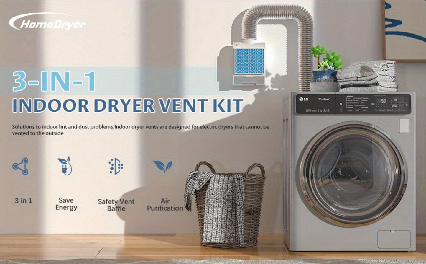 Indoor Electric Dryer Vent Kit with Lint Trap Box, Stainless Steel Screen, Six Filters and Vent Hose