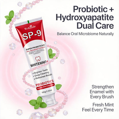 100g Mint SP-9 Toothpaste Tube with Probiotics Complex and Hydroxyapatite Highlighted on Label