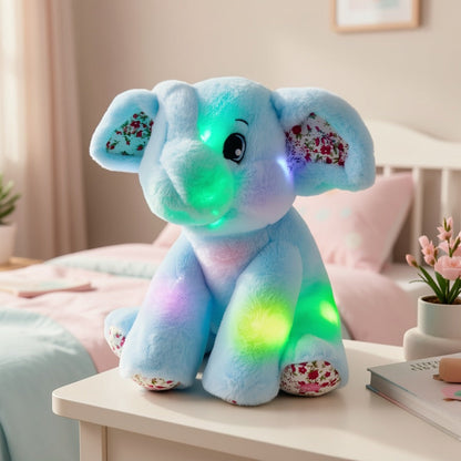 Plush Toy – Blue Elephant with LED Glow and Optional Lullaby Music for Soft Room Display and Gifting