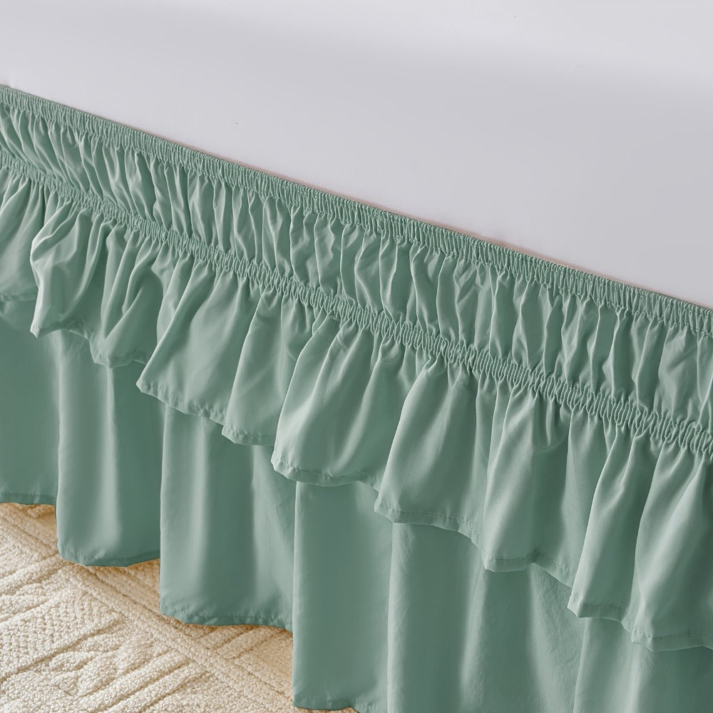 Double Ruffle Bed Skirt 16" Drop | Elastic Wrap Around Dust Ruffle for Twin Full Queen King Bed | Easy Install Machine Washable Soft Linen Poly Blend Bedskirt