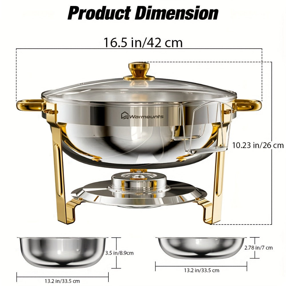 Gold Chafing Dishes Buffet Set 5QT Round Stainless Steel Food Warmer with Glass Lid Lid for Entryways, Bedrooms and Living Spaces