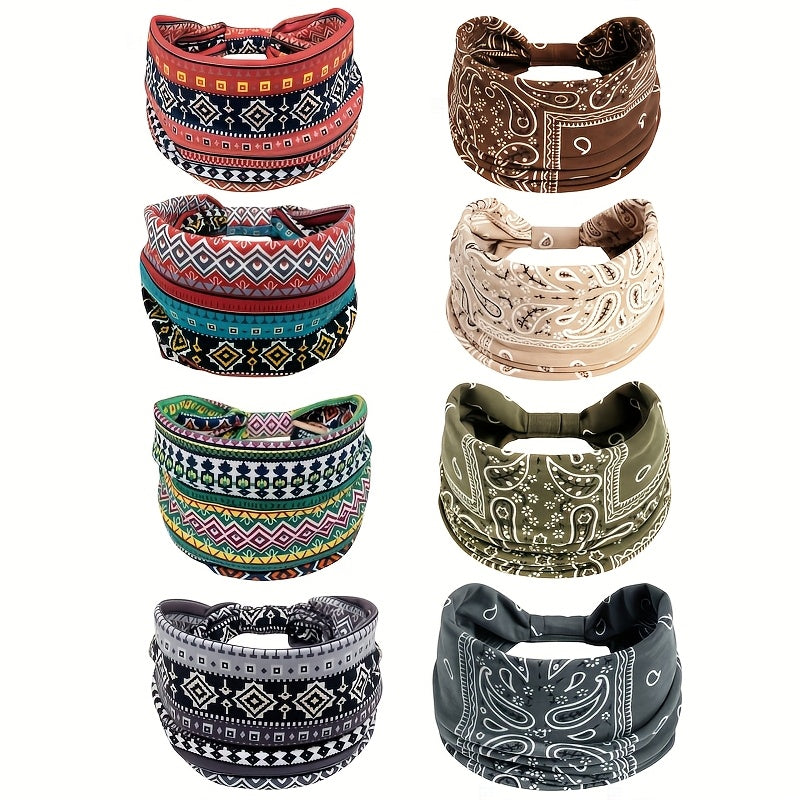 Eight Wide Knotted Headbands with Mixed Paisley and Geometric Patterns in One Image-Bound Set