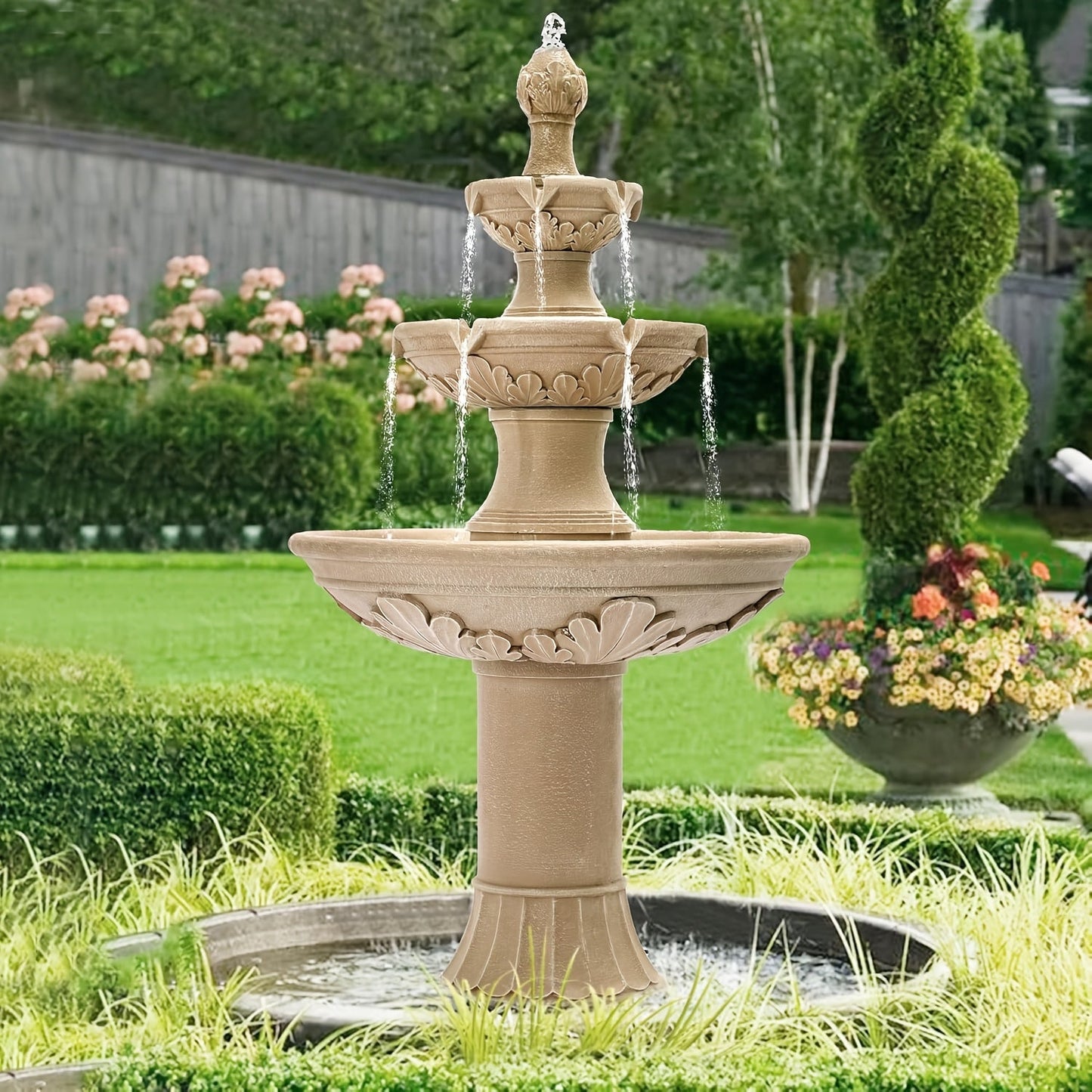 48.4 Inch Three-Tier Outdoor Water Fountain with Carved Flower Design in Three Finish Options