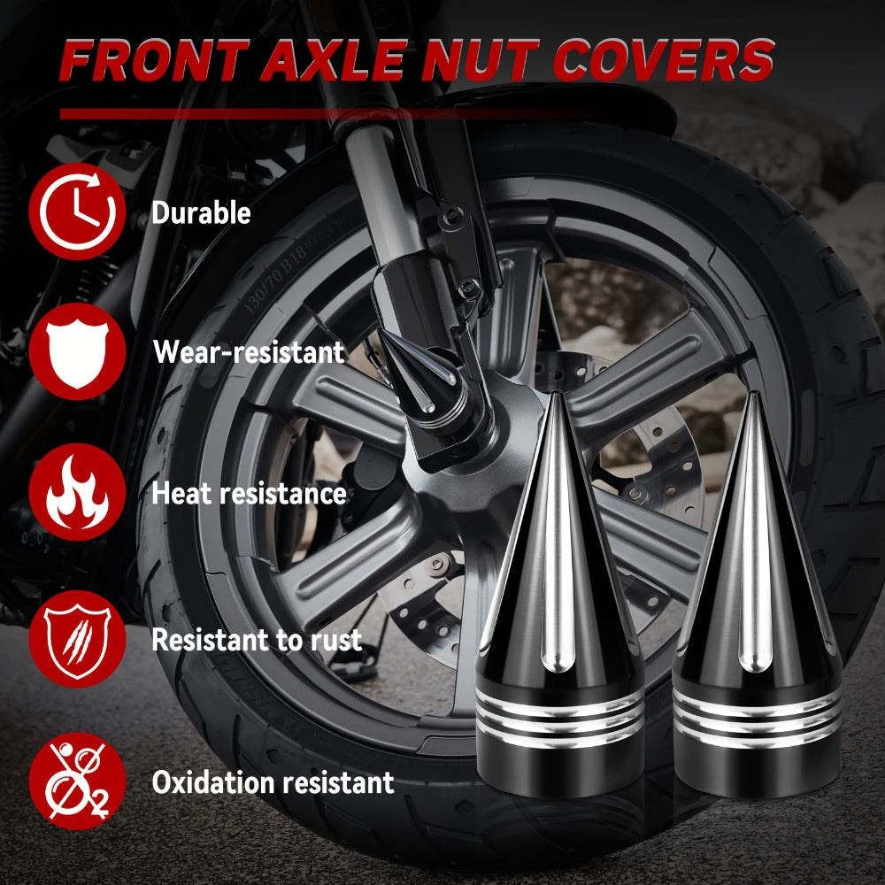 CNC Spike Motorcycle Front Axle Nut Covers Caps 3.6" – Fits Harley Touring Street Glide Road King Electra Glide Tri Glide 2008-Later, Black & Silvery