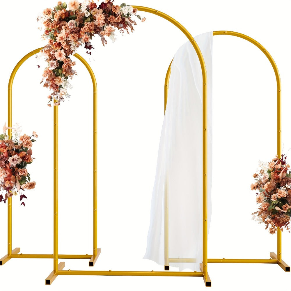 Three-Piece Gold Metal Arch Backdrop Set with 7.2FT, 6.6FT and 6FT Frames plus Seven Balloon Clips