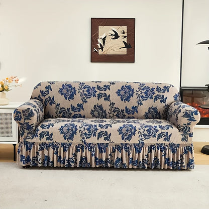 Sofa Cover Dark Blue Printed Skirt Slipcover with High-Elasticity Fiber and Anti-Slip Fixing Rods