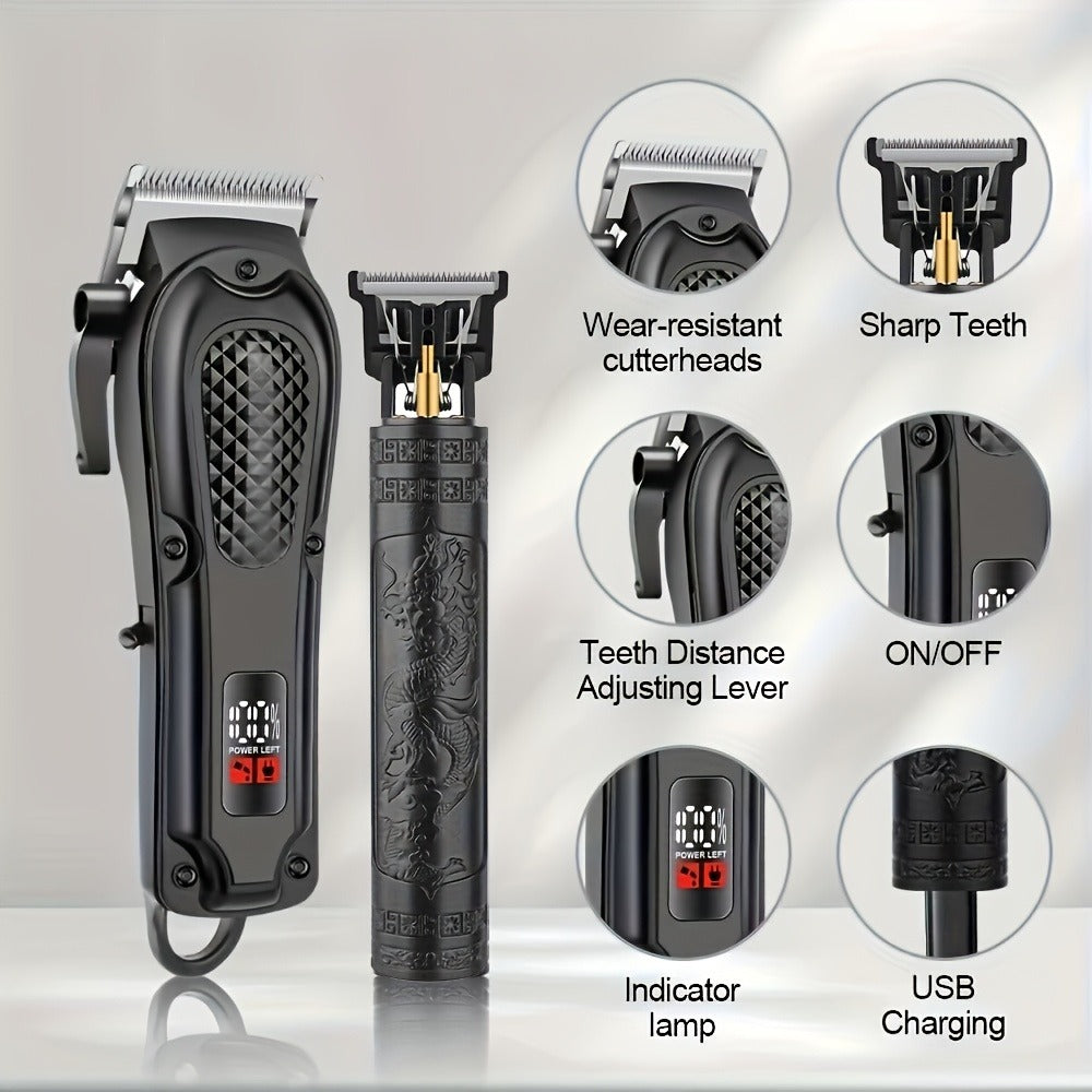 2-Piece Hair Clipper Set with Full-Size Clipper, Detail Trimmer, Guide Combs and USB Charging Accessories