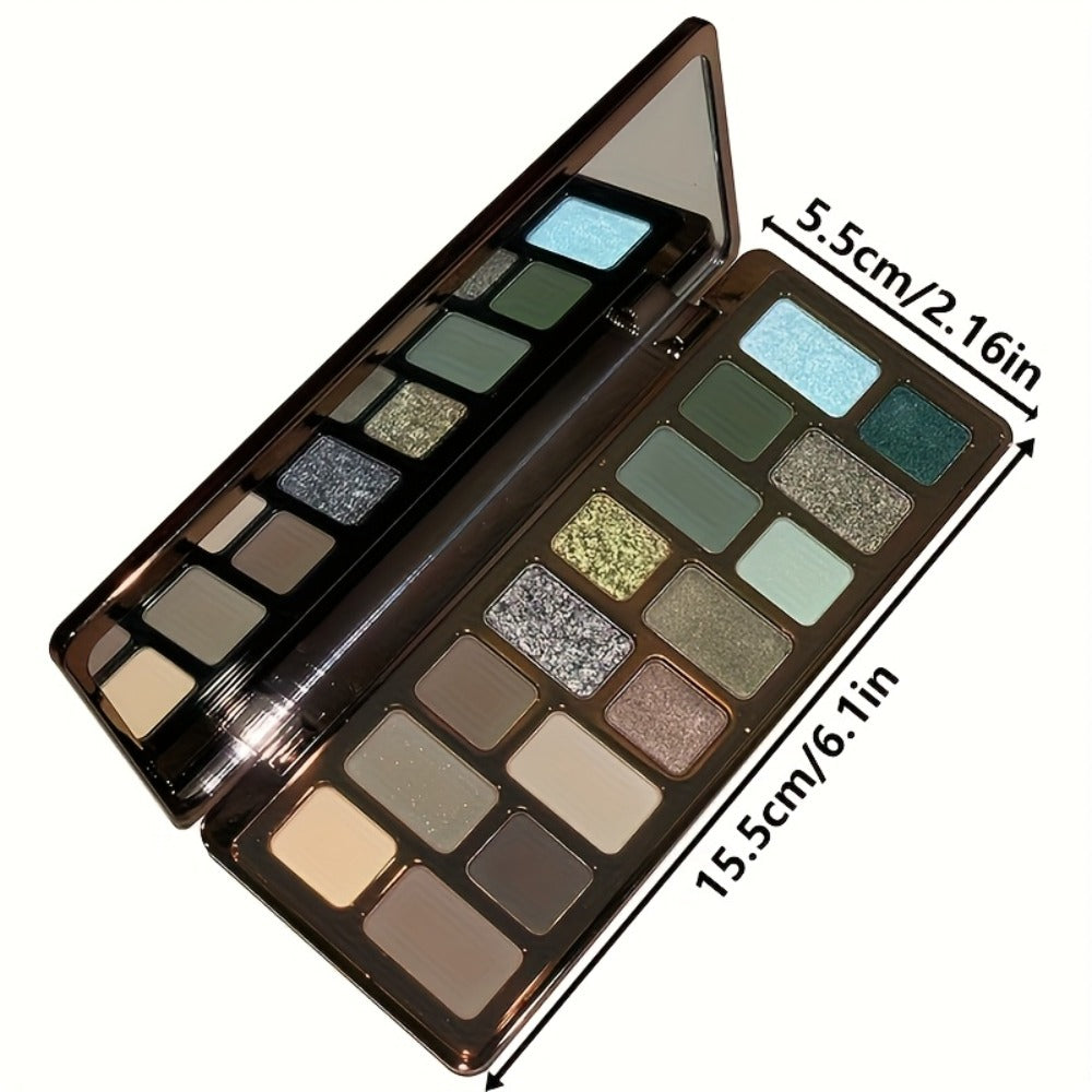16-Color Eyeshadow Palette – Smoky Retro Matte Glitter & Pearlescent Shades, Gray Green Earthy Tones with Highlight & Blush, Compact Travel-Friendly Makeup Palette for Women