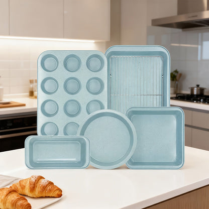 Mixed-Color Bakeware Set with 2–18 Pieces, Cake and Muffin Pans, Trays, Racks and Tools Pictured