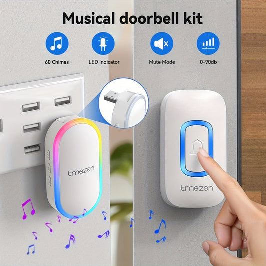 USB Plugin Wireless Doorbell Kit with 60 Melodies, 5 Volume Levels & Colorful LED Indicator, 1000ft Range, Silent Mode, Battery-Powered Transmitter, No Wiring for Home Office Apartment Elderly