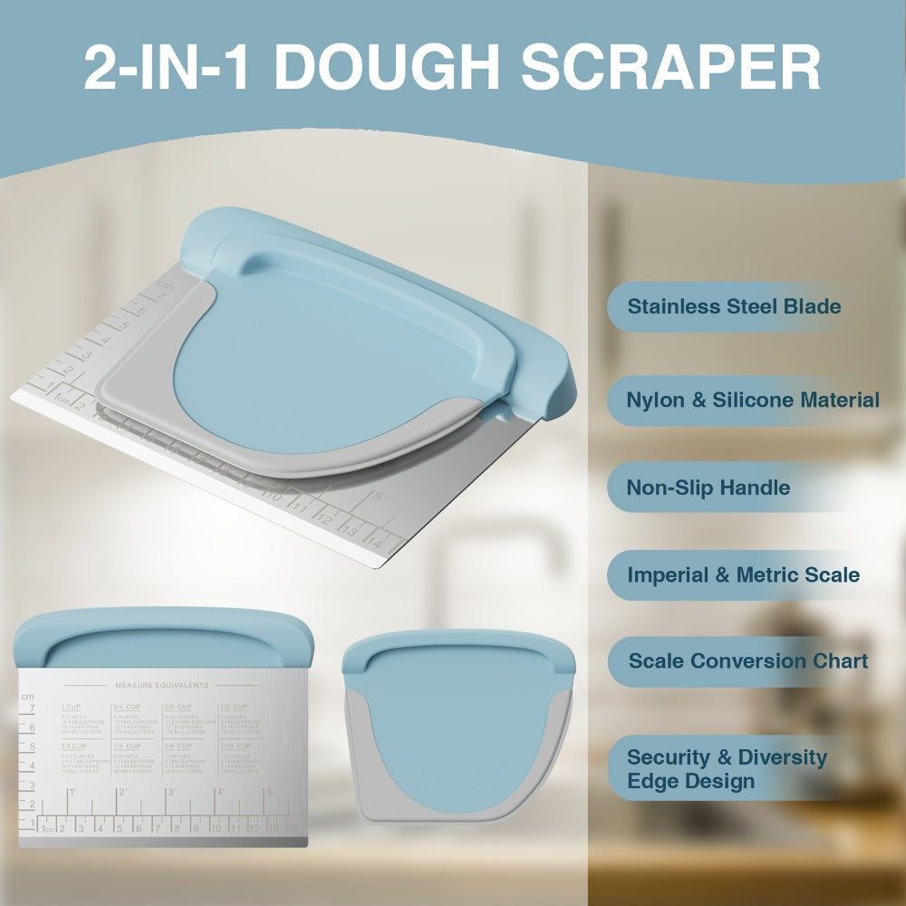 Two-Piece Dough Scraper Set with Metal Bench Cutter, Measurement Guide and Blue or Grey Bowl Scraper
