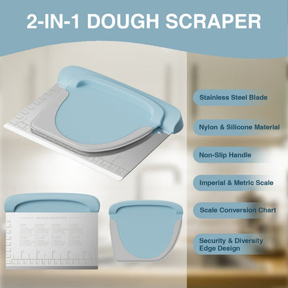 Two-Piece Dough Scraper Set with Metal Bench Cutter, Measurement Guide and Blue or Grey Bowl Scraper