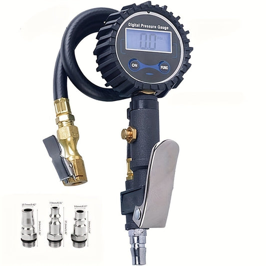 Digital Tire Inflator with Pressure Gauge 200 PSI – Cast Aluminum Pistol Grip Air Chuck, LCD Backlight, 4 Units (PSI/BAR/KPA/KGF), 3 Connectors for Car, Truck, Motorcycle & Bike