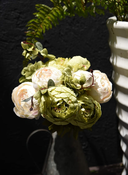 Artificial Flowers Vintage Peony and Hydrangea Bouquet in Beige and Green for Wedding and Home Decor