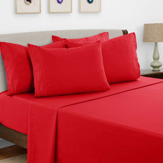 Bed Sheet Set Brushed Microfiber with Embroidered Pillowcases, 16-Inch Pocket and 4- or 6-Piece Sizing