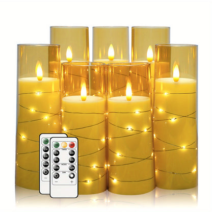 Flameless LED Candles with Remote Control Timer and Star String Lights Set of 5 or 7 Pillar Candles for Wedding Garden Home Decor Anniversary Gift Grey Ivory Gold Red