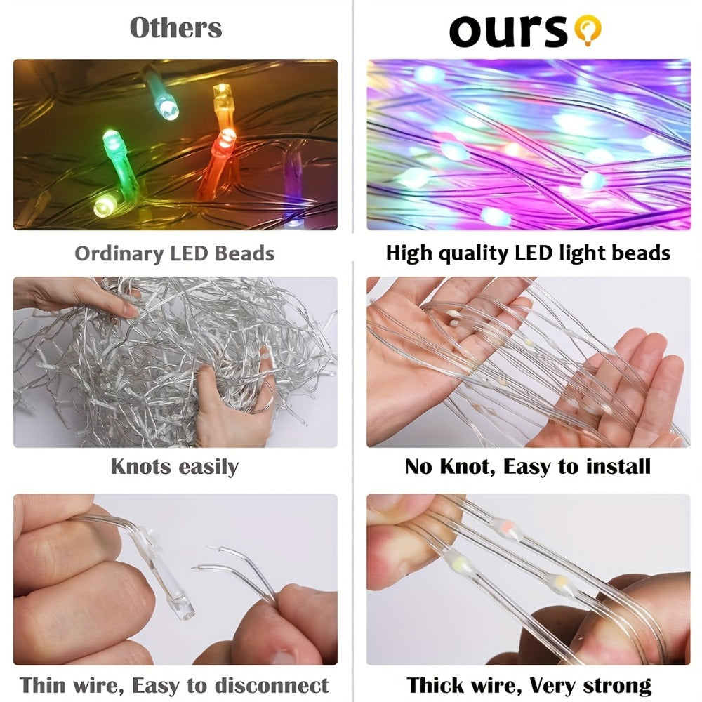 Christmas Tree Waterfall Fairy Lights 200 LED with Star Top Decoration, 8 Lighting Modes — Battery, Solar & USB Powered Indoor Outdoor Colorful Cascading Holiday Light Strip