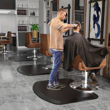 Salon Floor Mat with Round Chair Cutout, Raised Edge and Wide Black Standing Surface for Barber Stations