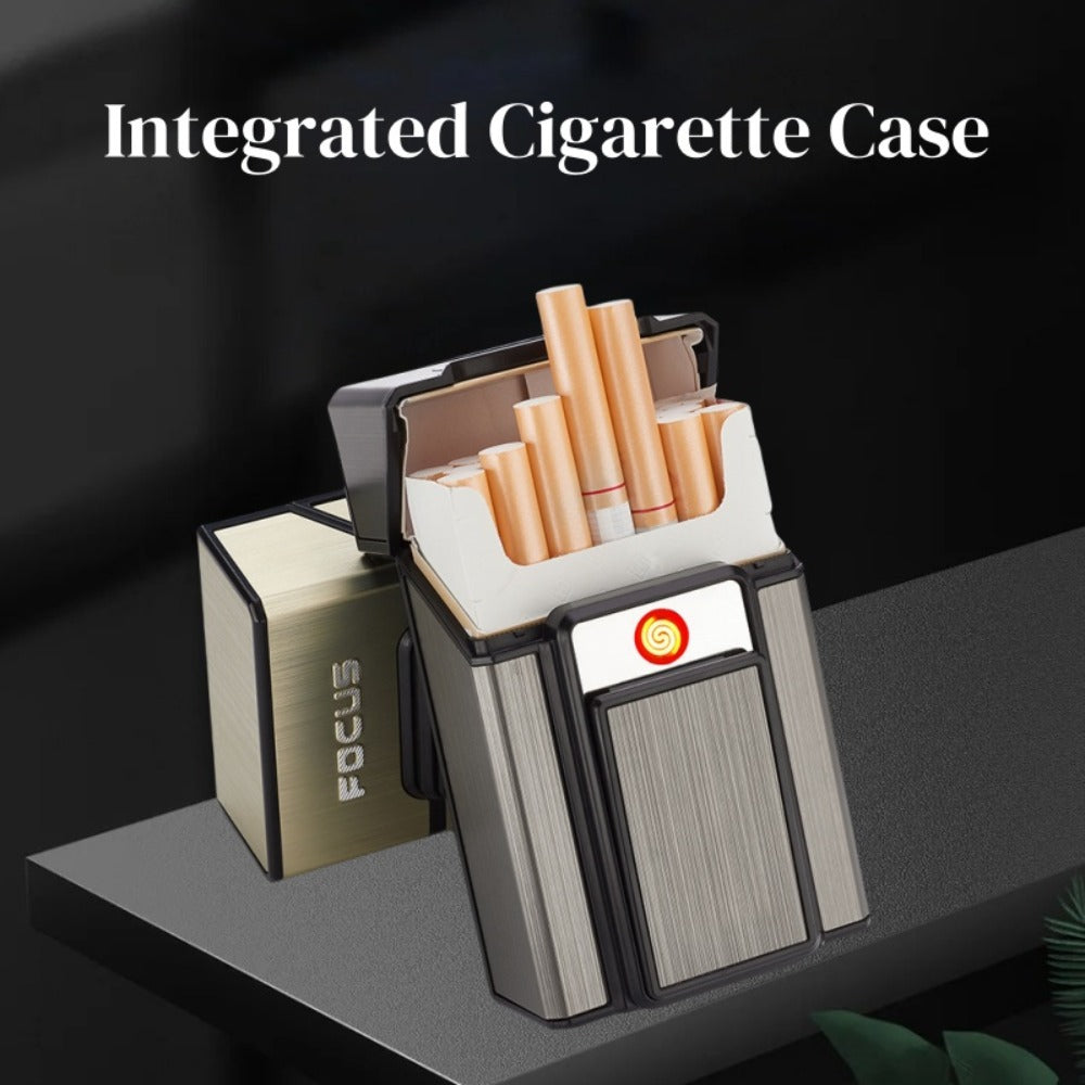 Black Pop-Up Cigarette Case with Integrated USB-Rechargeable Electric Lighter and Sliding Cover