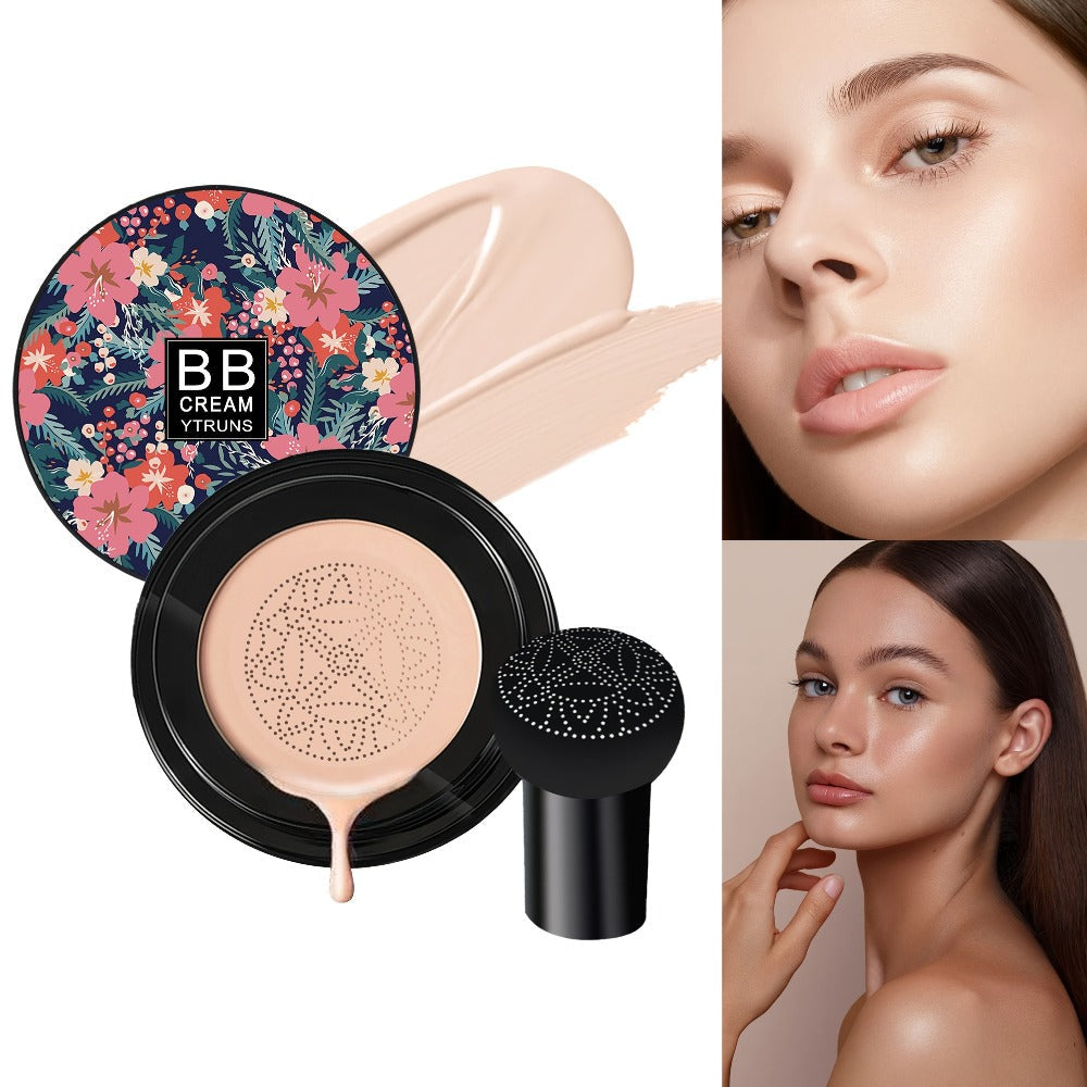 Floral Compact Air Cushion Foundation with Mushroom Puff Applicator and Ivory, Natural or Dark Shades