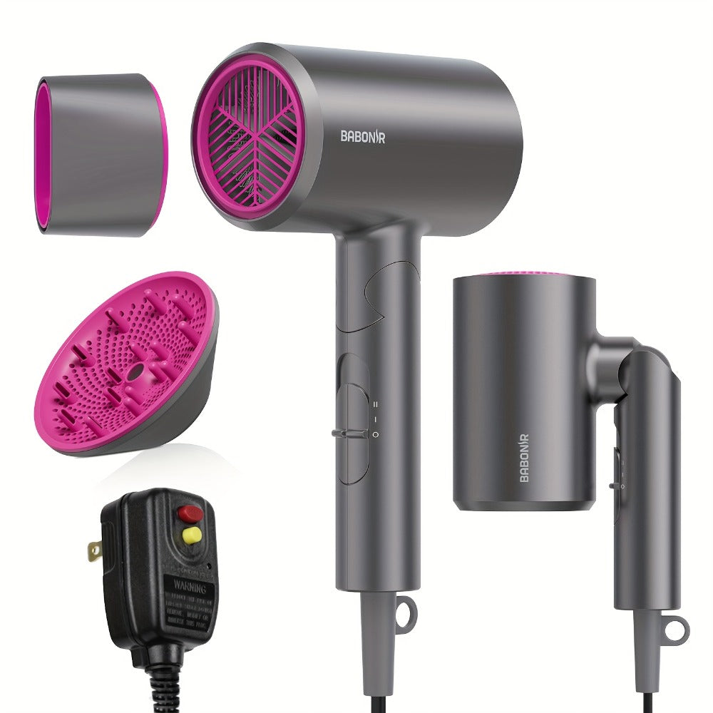 1875W Ionic Travel Hair Dryer Foldable with Diffuser & Concentrator Nozzle — Brushless Motor, 3 Heat Settings, 2 Speeds, Fast Drying Compact Blow Dryer for All Hair Types, Pink or Gray