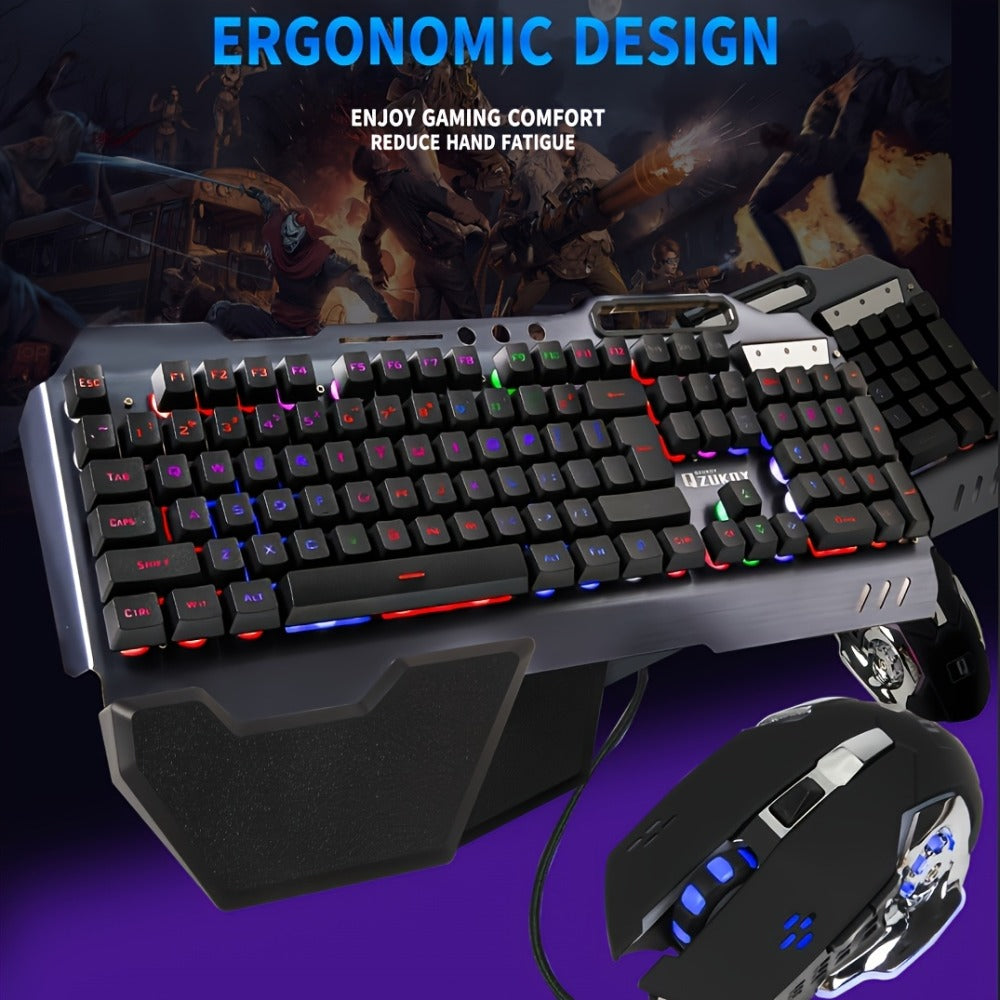 RGB Gaming Keyboard and Mouse Combo with Wrist Rest 16 Backlight Effects Mechanical Feel Aluminum Panel 26-Key Anti-Ghosting 3200DPI Mouse Phone Holder PC Desktop Windows Black