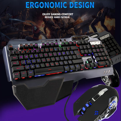 RGB Gaming Keyboard and Mouse Combo with Wrist Rest 16 Backlight Effects Mechanical Feel Aluminum Panel 26-Key Anti-Ghosting 3200DPI Mouse Phone Holder PC Desktop Windows Black