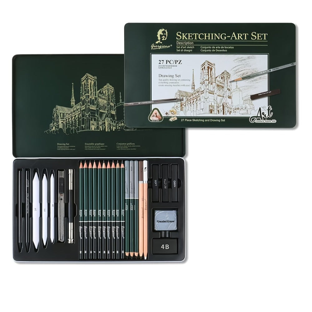 Sketching Pencil Set 27 Piece with Charcoal Pencils Charcoal Sticks Erasers Drawing Supplies for Artists Beginners Students Sketching Quick Sketching Art Kit Gift