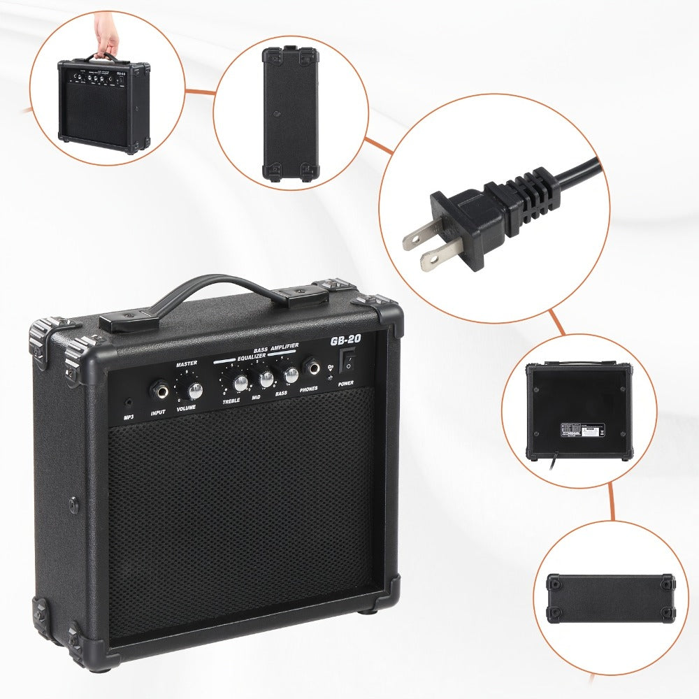 20W Electric Bass Guitar Amplifier with 6.5-Inch Speaker, Volume Treble Bass Middle Controls, Headphone Output Jack, AUX Input for MP3, Portable Practice Amp for Beginner & Home Studio Use