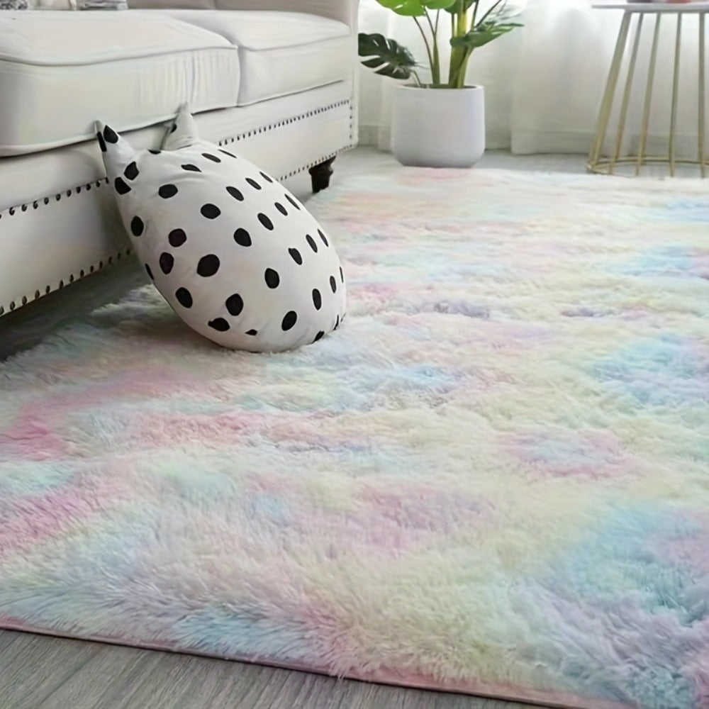 Area Rug Fluffy Faux-Fur Shag in Solid, Tie-Dye and Ombre Colors with Six Retained Room Sizes