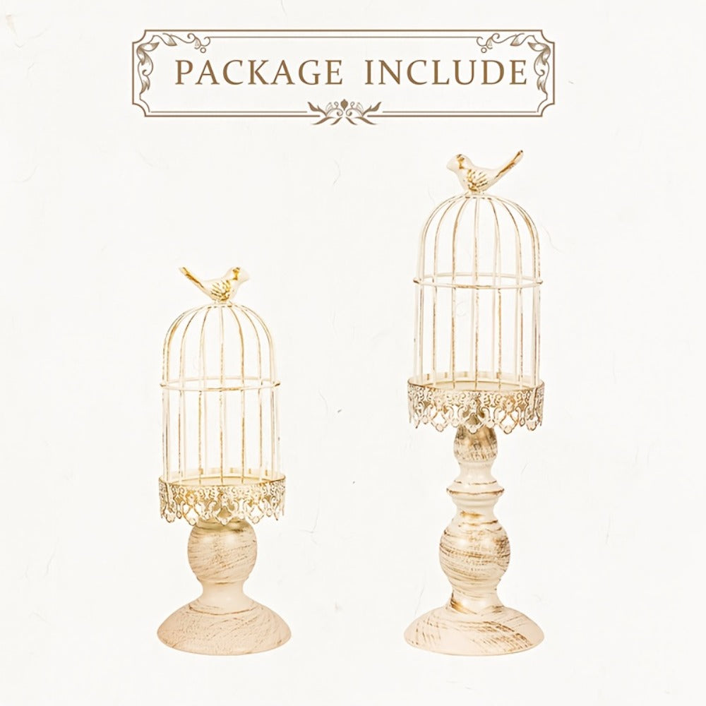 Birdcage Candle Holder Set of Two with Metal Pedestal Bases, Bird Finials, 30cm and 38cm Heights in Black or White